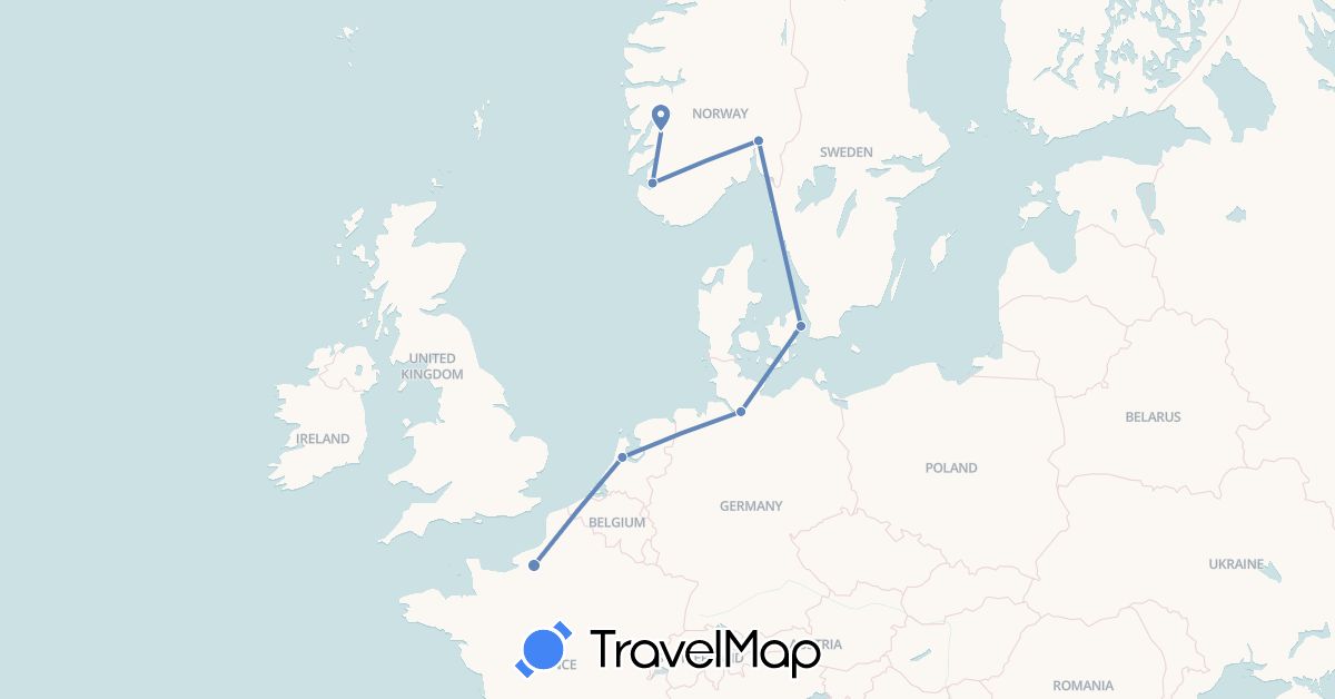 TravelMap itinerary: driving, cycling in Germany, Denmark, France, Netherlands, Norway (Europe)